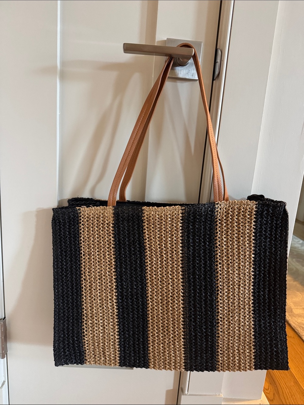 Striped Straw Tote Bag with Tan Handles - Black & Natural
